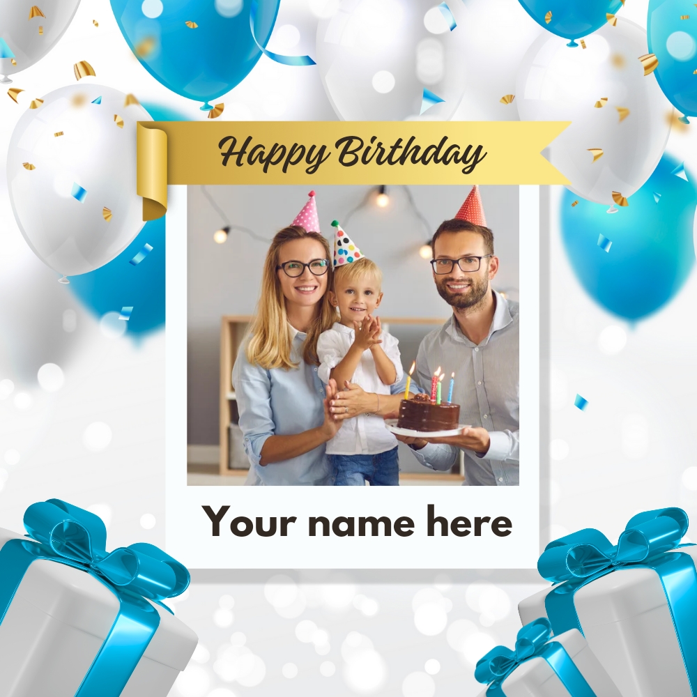 Blue Theme Birthday Card With Name And Photo