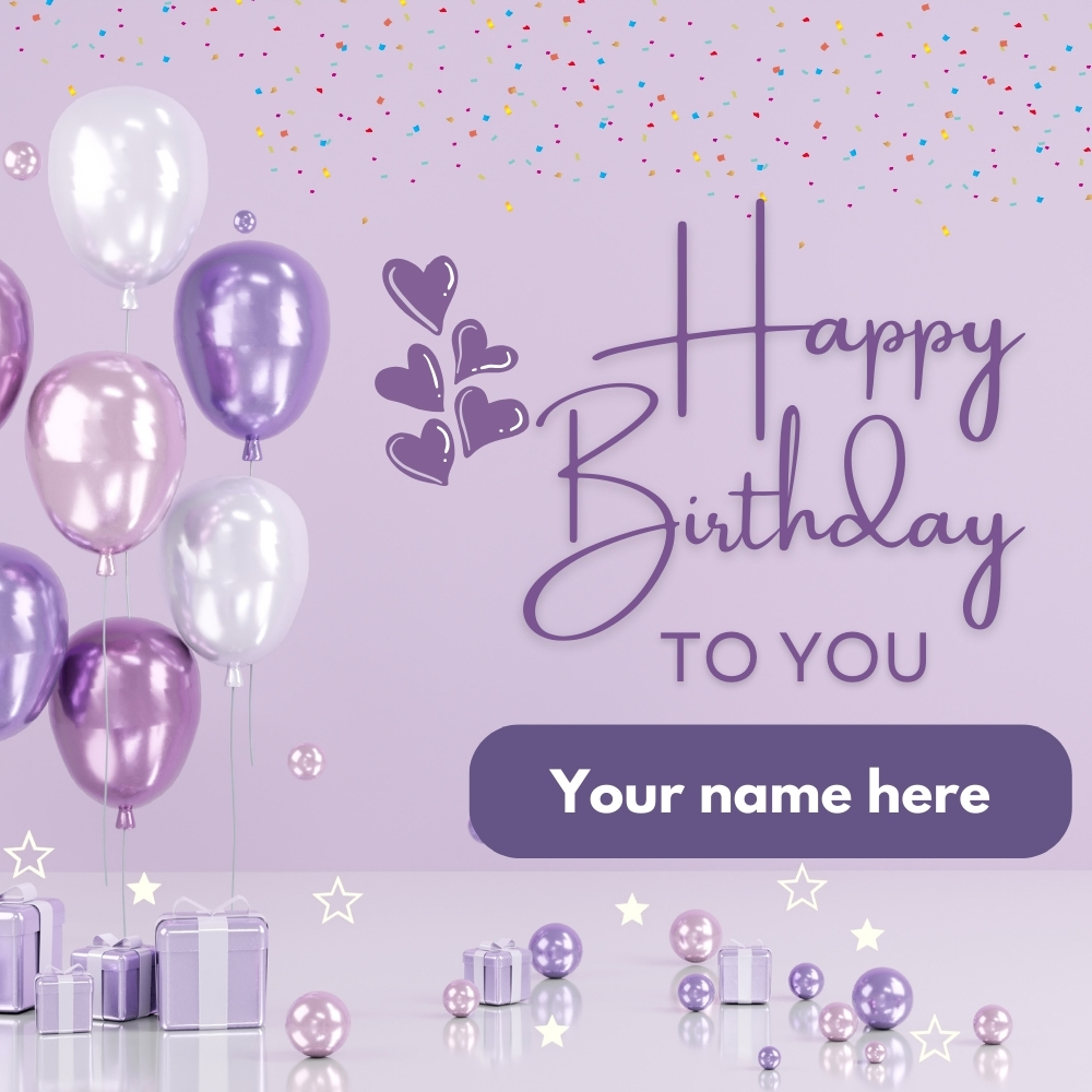 Purple Balloon Happy Birthday Card With Name