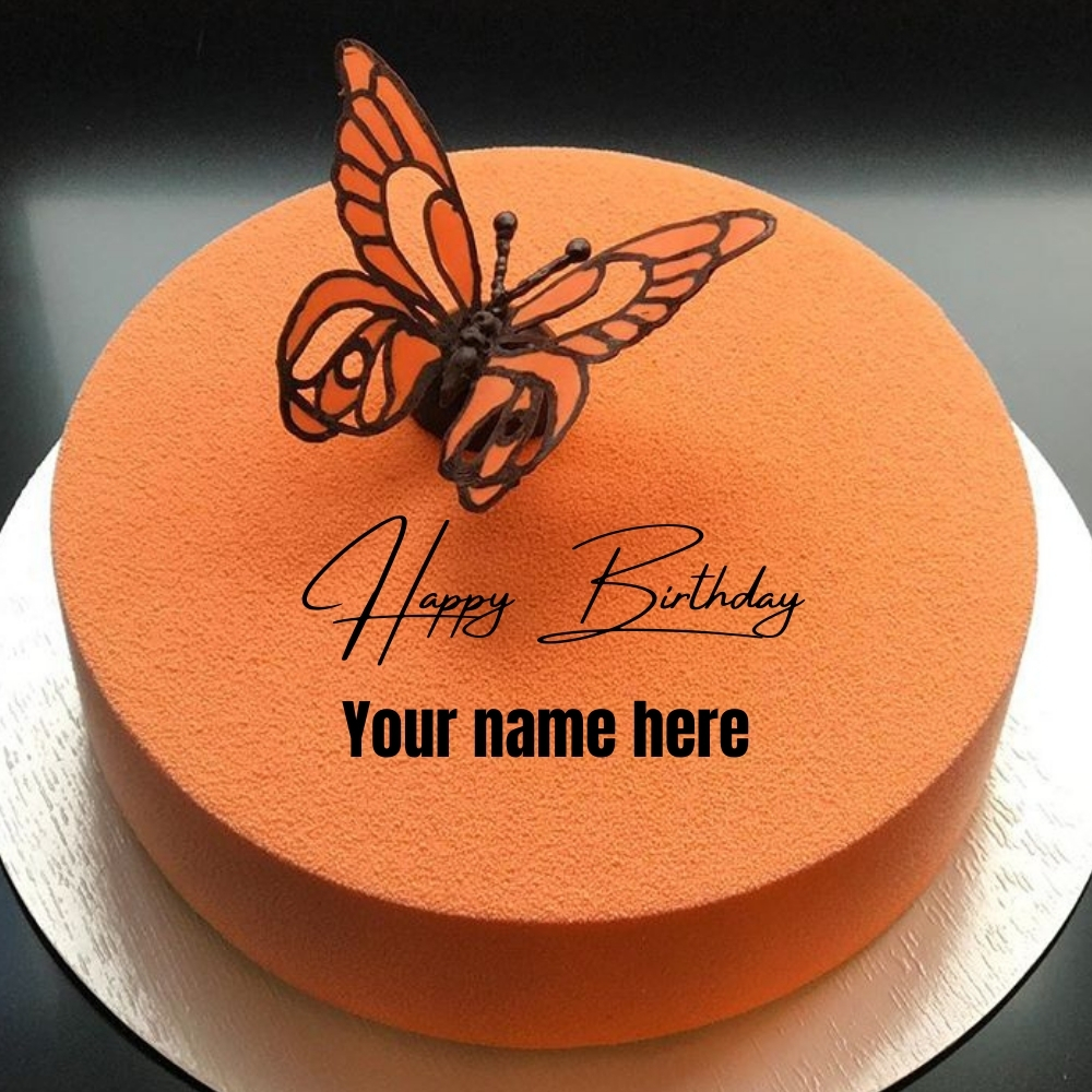 Orange Flavor Butterfly Birthday Cake With Name