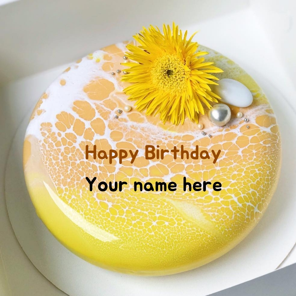 Yellow Flower Decorated Beautiful Birthday Name Cake